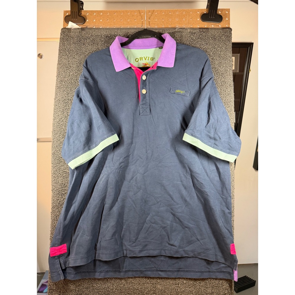 Orvis Polo Shirt Mens XL Gray Colorblock Purple Pink Mint Pique Knit S/S Logo
